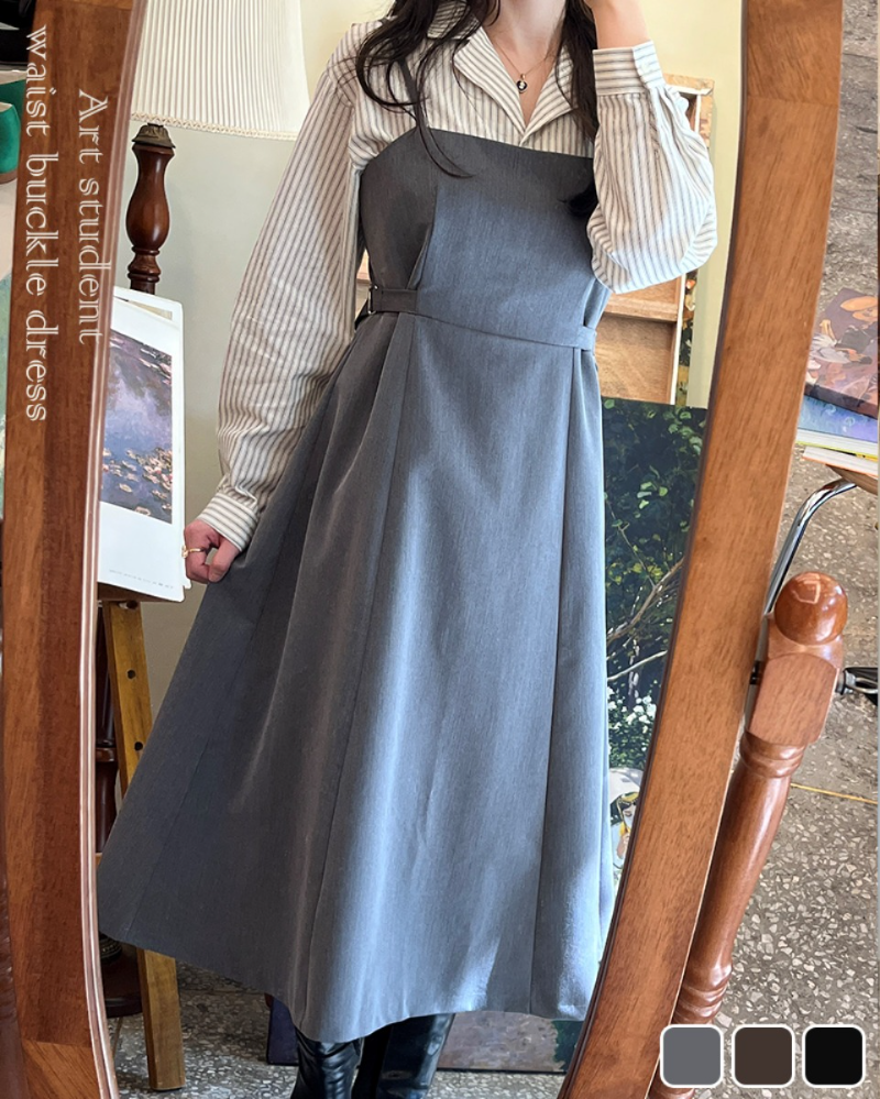 미대생 허리버클원피스 (그레이,브라운,블랙)  Art student waist buckle dress